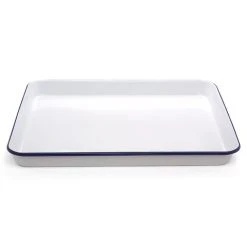 Falcon - Enamel Bake Tray Rectangular White & Blue 41cm